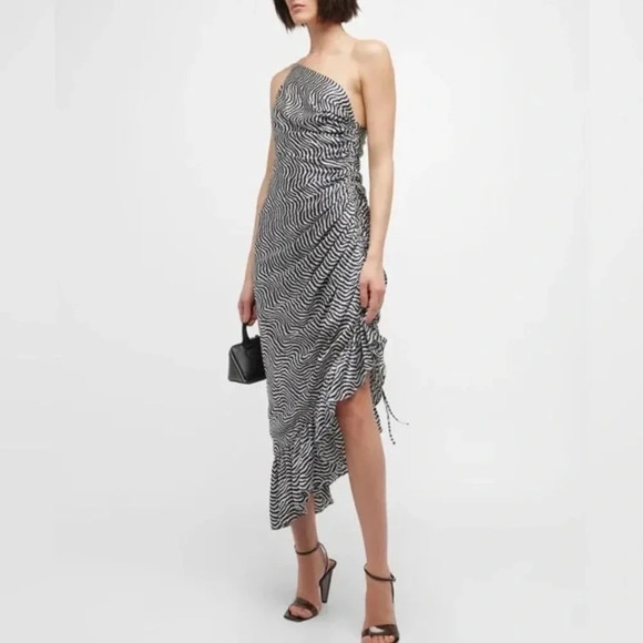 NWOT Cinq A Sept Silk Christel Ruched One Shoulder Silk Dress in White and Navy - Picture 1 of 9